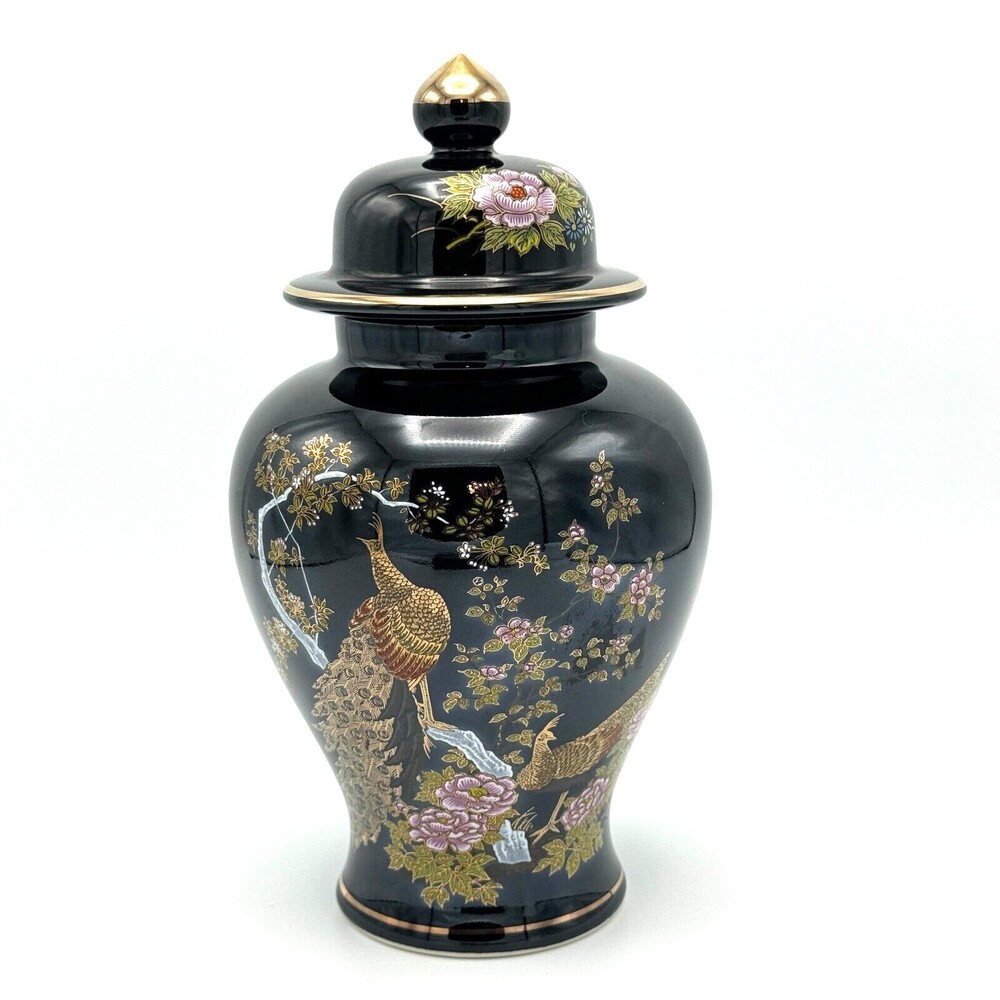 Vintage Japanese Porcelain Ginger Jar with Peacock Among Blossoms on Gloss Black